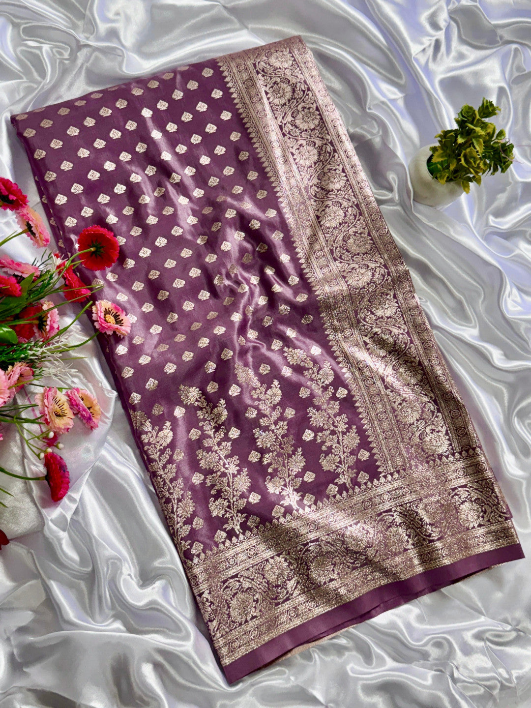 Lavender soft satin silk saree with zari weaving work