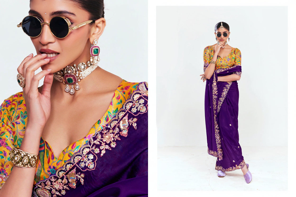 Woman wearing a colorful saree with intricate designs, gold jewelry, and sunglasses on a white background.
