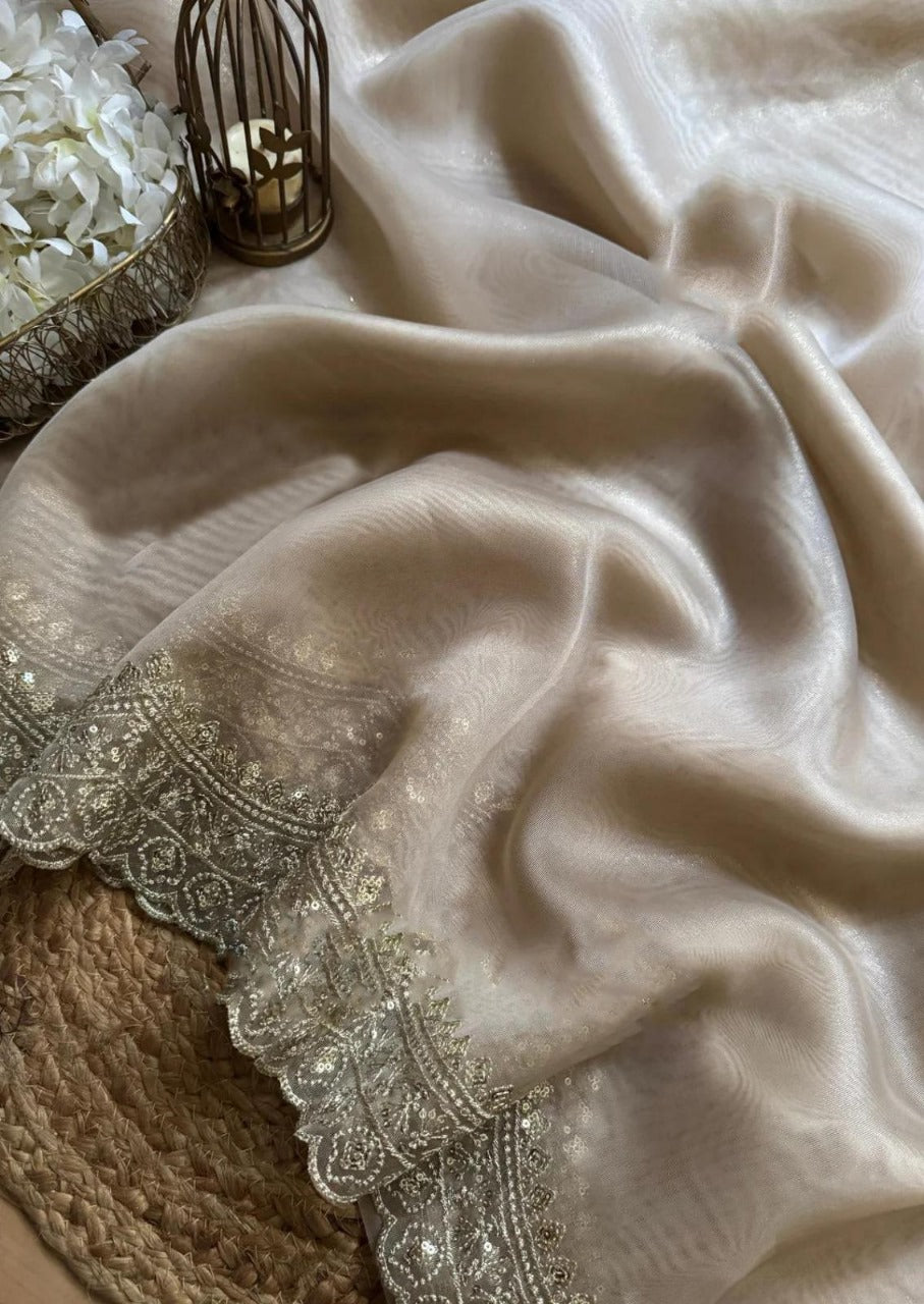 Beige nylon organza silk saree with sequence with beautiful pallu border