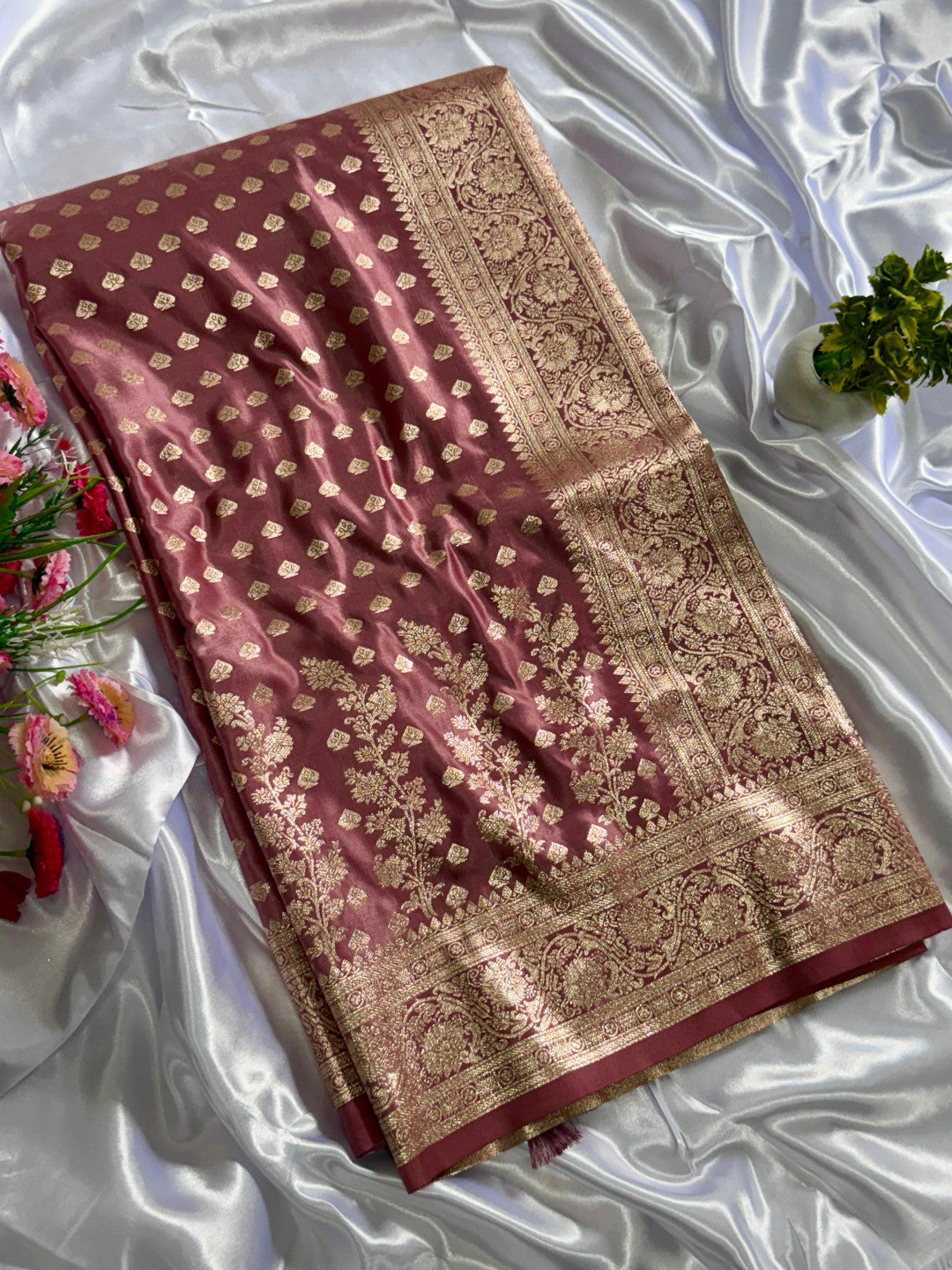 Dusty pink soft satin silk saree with zari weaving work