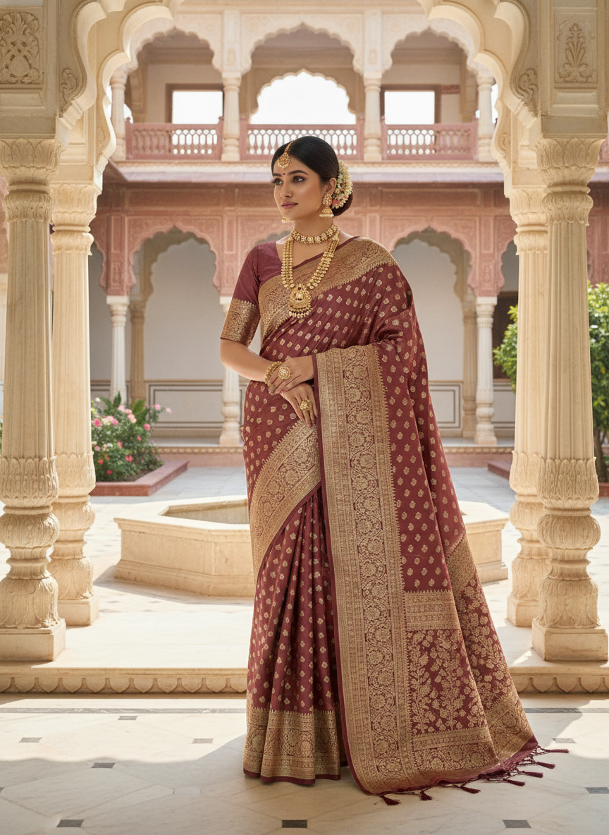 Dusty pink soft satin silk saree with zari weaving work