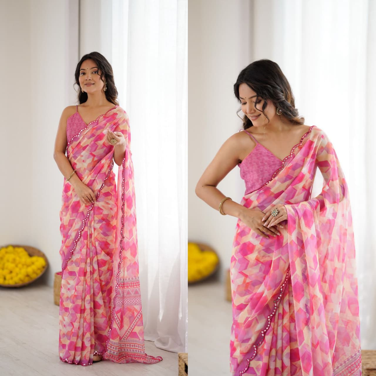 Printed sari With Mirror work