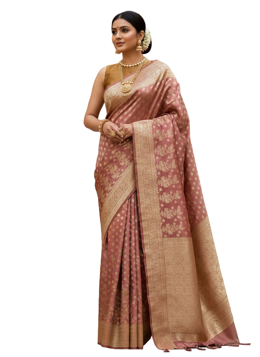 Dusty pink soft satin silk saree with zari weaving work
