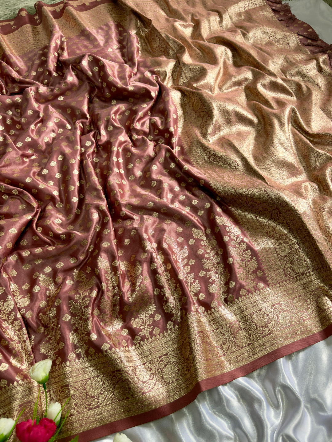 Dusty pink soft satin silk saree with zari weaving work