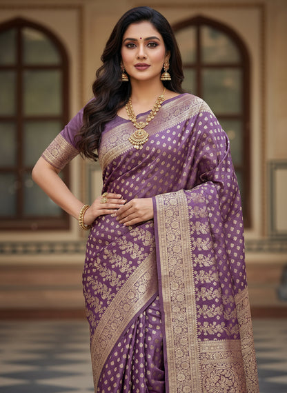 Lavender soft satin silk saree with zari weaving work