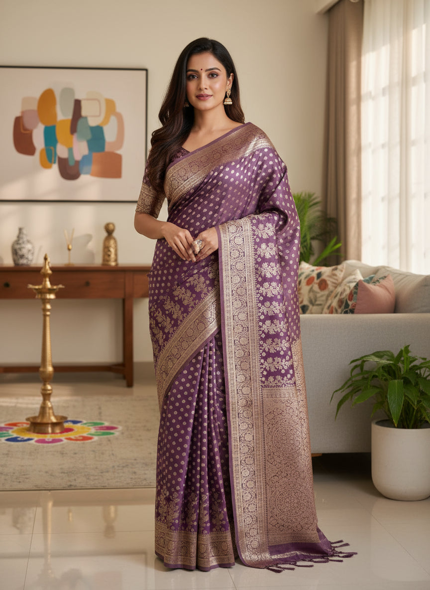 Lavender soft satin silk saree with zari weaving work