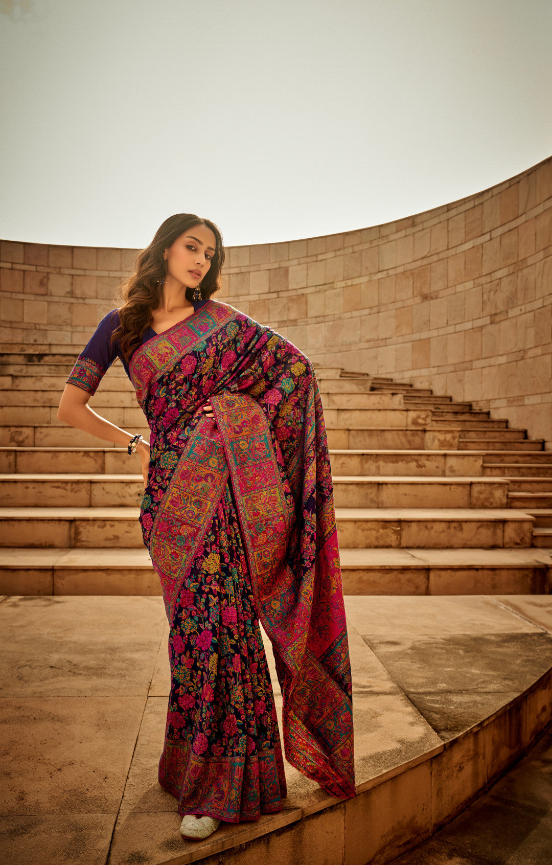 Blue traditional pashmina cotton saree